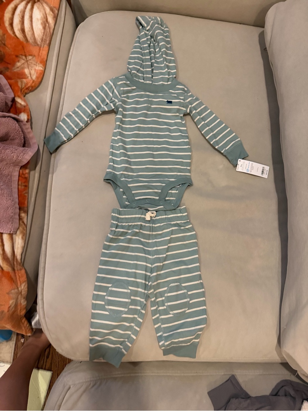 Carter's Sage Green and White Striped Hooded One-Piece Set